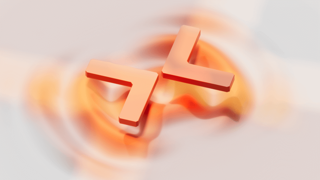 Two orange 3D L-shaped blocks intertwined against a swirling orange background.