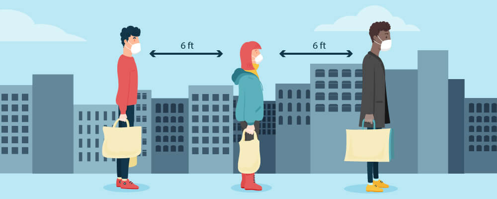 Three people with shopping bags stand in front of a business skyline with a distance of six feet between them in this illustration of how social distancing impacted the customer experience.