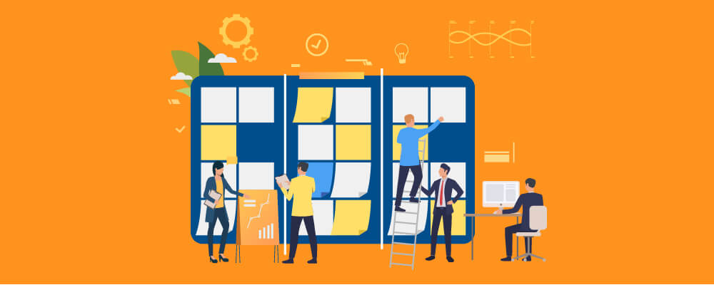 Several businesspeople post financial results on a large board in this illustration representative of the importance of resilience in times of economic crisis.