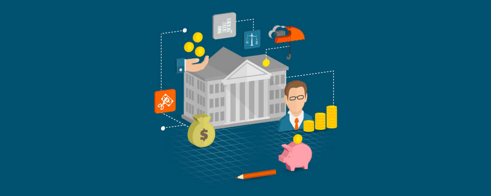 In this illustration, a man's bust is depicted in front of a state building and surrounded by icons representative of money, finances, revenue, balance sheets, and spending.