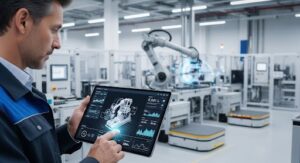 Digital-Twins - GlobalLogic Engineer analyzing a real-time digital twin of an advanced manufacturing facility, with IoT sensor data and AI-driven simulation overlays visualized in a virtual environment.