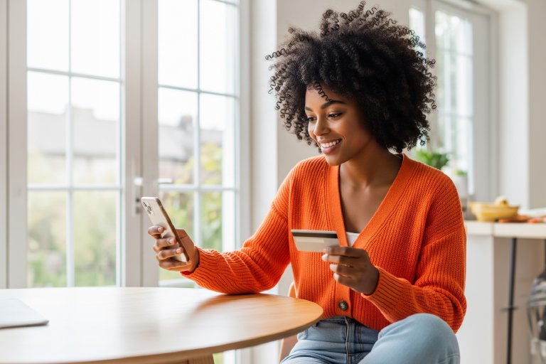 Black woman using online banking services on a mobile device, representing the future of financial services technology through cloud-based solutions and digital innovation.