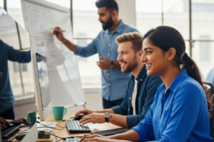Financial services professionals using AI-powered analytics on a cloud-native enterprise data platform to drive real-time insights, improve scalability, and reduce technical debt in a modern banking environment.