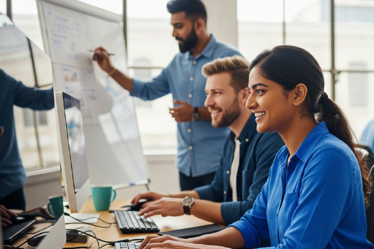 Financial services professionals using AI-powered analytics on a cloud-native enterprise data platform to drive real-time insights, improve scalability, and reduce technical debt in a modern banking environment.