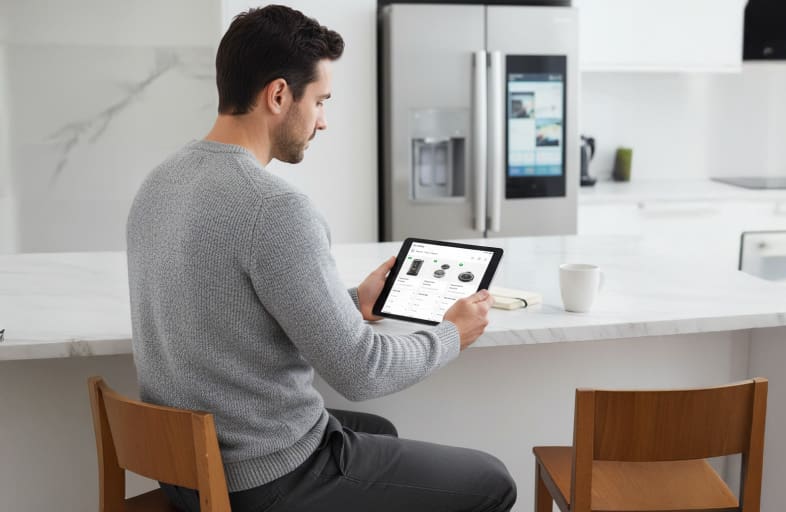 Person interacting with AI-powered shopping tools in a modern home set.