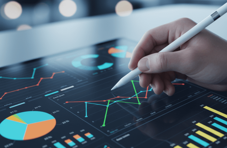 A close-up of a person’s hand using a stylus to interact with a digital tablet displaying various financial charts and graphs. The screen shows colorful line graphs, pie charts, and bar charts representing data analytics or business performance metrics. The setting suggests a modern workspace focused on data visualization and analysis.