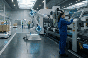 physical_ai_intelligence_edge - GlobalLogic A female operator in a blue suit enters data into a control panel on an industrial line also equipped with robotics, in an image representative of how agentic AI is driving intelligence at the edge, particularly in industrial settings.