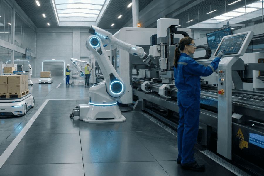 A female operator in a blue suit enters data into a control panel on an industrial line also equipped with robotics, in an image representative of how agentic AI is driving intelligence at the edge, particularly in industrial settings.