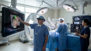 surgical-team - GlobalLogic Surgical team in a modern operating room using physical AI and edge AI for real-time medical imaging and high‑consequence clinical decisioning.