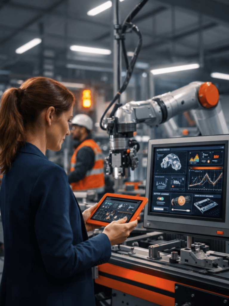 Operator monitors Physical AI system using an orange tablet on the factory floor, with real-time analytics and robotic automation in view.