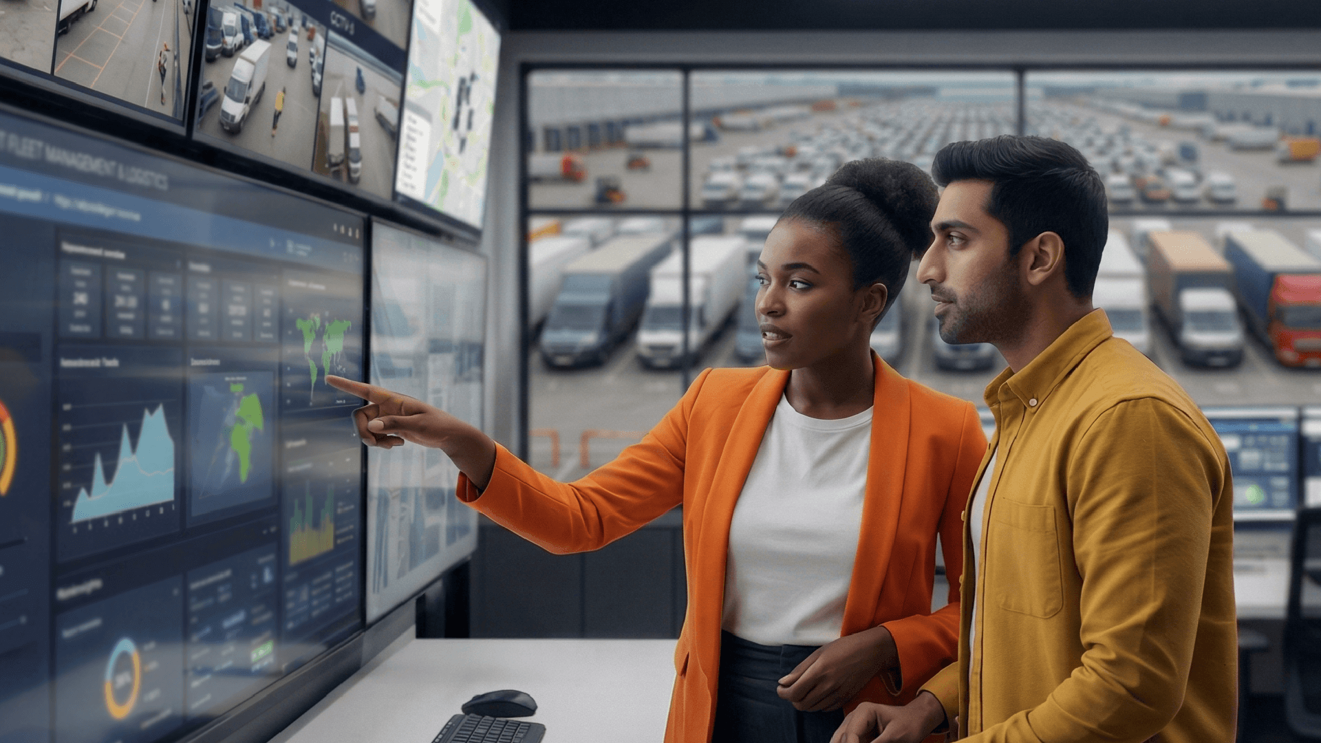 Fleet safety managers review AI-generated safety insights on a digital dashboard in a modern control center, with commercial vehicles visible outside, representing responsible AI governance in fleet operations.