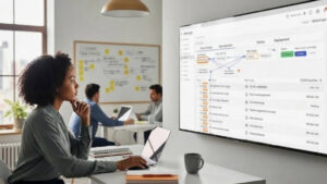 Black QA engineer reviewing AI-driven test case generation workflow on desktop screen, showing requirements-to-test traceability and regression coverage inside a modern enterprise software development workspace with subtle orange UI accents.