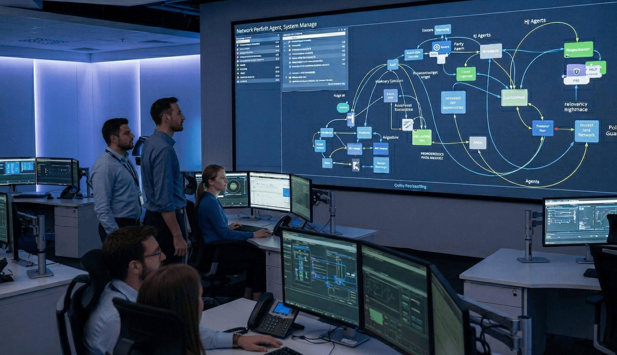 Senior enterprise leaders reviewing a multi-agent system architecture diagram illustrating Agentic AI system design, orchestration layers, and governed workflows in a modern innovation workspace.