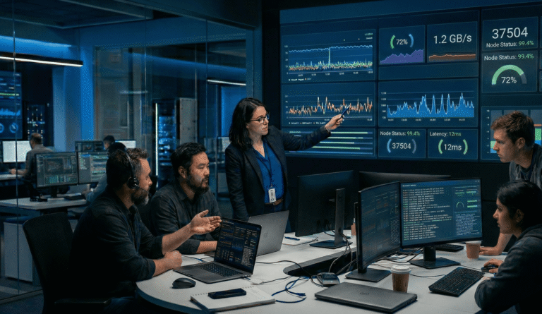 Enterprise engineering team reviewing real-time telemetry data dashboards in a modern control room, monitoring AI system performance, policy enforcement, and orchestration workflows for reliable, governed AI operations.