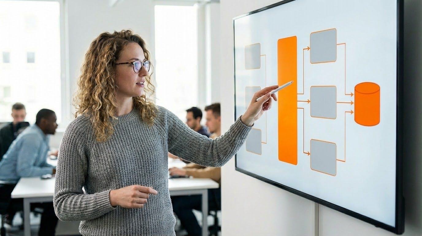 Media operations strategist presents an agentic AI workflow on a digital screen, illustrating how content, compliance, and distribution data flow through automated systems in a collaborative planning session.