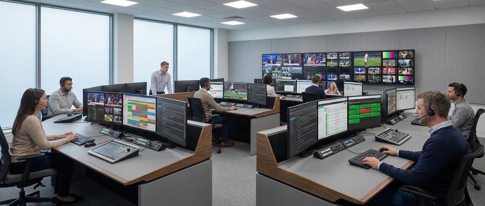 Broadcast operations team monitors live playout, compliance, and scheduling dashboards in a control room environment — illustrating how agentic AI enables real-time media orchestration across channels.