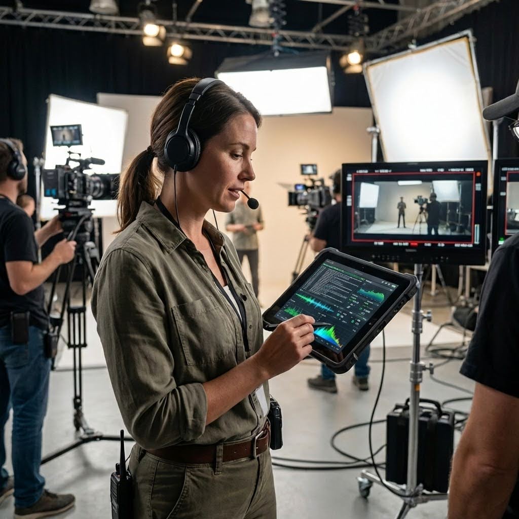 Production director uses a tablet with real-time analytics and AI-powered monitoring tools on a film set—demonstrating agentic AI’s role in optimizing live production workflows, signal quality, and content compliance during shoot operations.