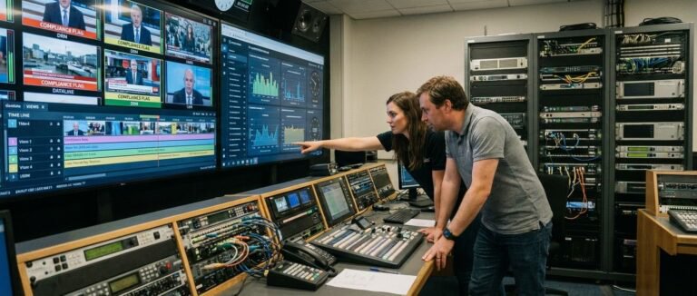 Broadcast operations engineers monitor compliance and performance data across multiple screens in a live control room, using real-time analytics and AI-enabled systems to manage video feeds and ensure regulatory adherence.