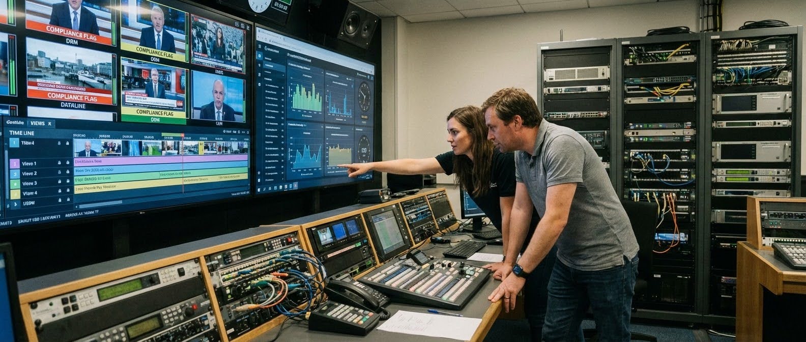 Broadcast operations engineers monitor compliance and performance data across multiple screens in a live control room, using real-time analytics and AI-enabled systems to manage video feeds and ensure regulatory adherence.