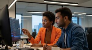 digital-engineering-professional - GlobalLogic Digital engineering professionals in a modern office environment reviewing code and discussing autonomous governance enterprise systems and Agentic AI strategies.