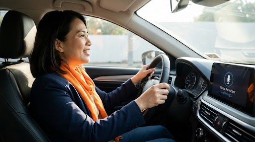 Driver using voice navigation assistant in a connected vehicle, demonstrating automotive AI engineering services for intelligent in-vehicle experiences.