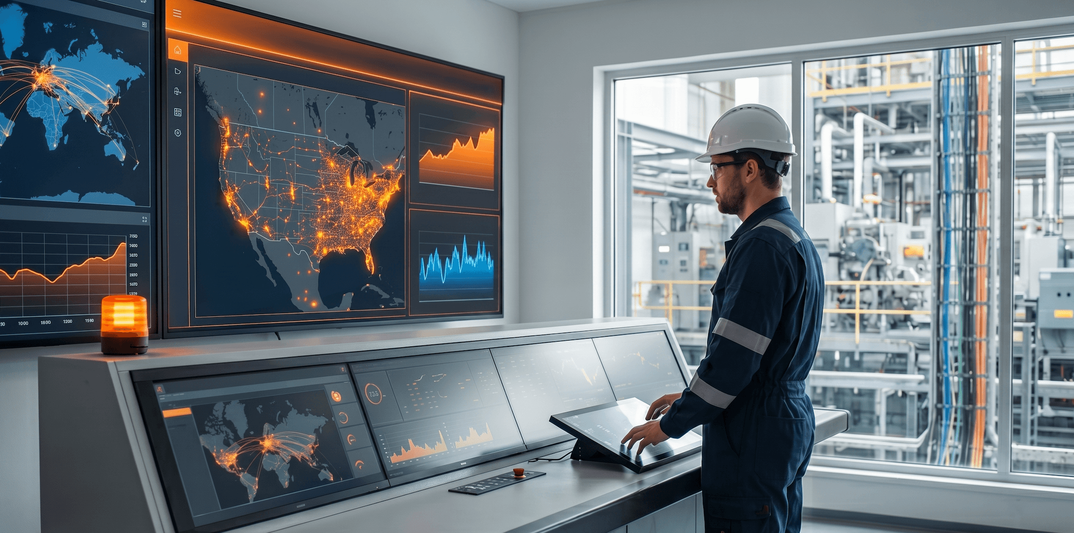 Professional monitoring real-time operations using AI-powered system in an industrial setting, illustrating how AI in telecom enables intelligent, outcome-driven enterprise services.