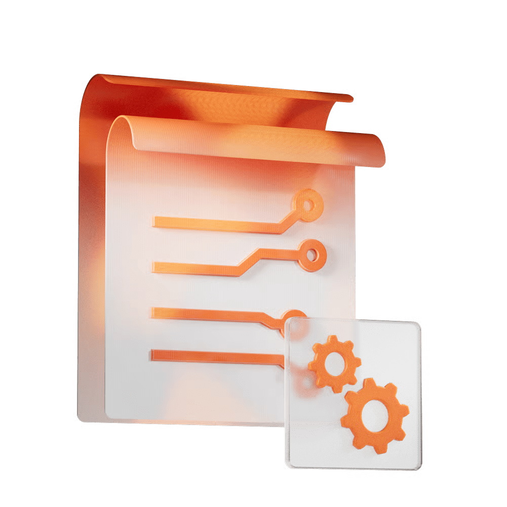 Rolled blueprint or plan with orange gear icons, symbolizing settings or system customization on a white sheet.