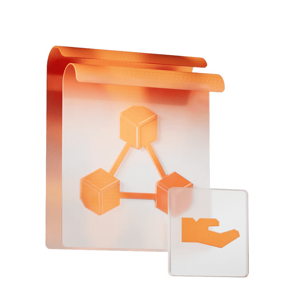 3D illustration of three orange cubes connected by lines on a sheet, with a translucent panel showing a hand symbol