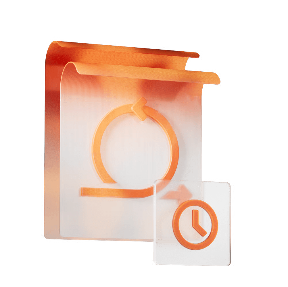 Abstract 3D orange geometric sculpture with a circular ring and curved strips on layered white panels.