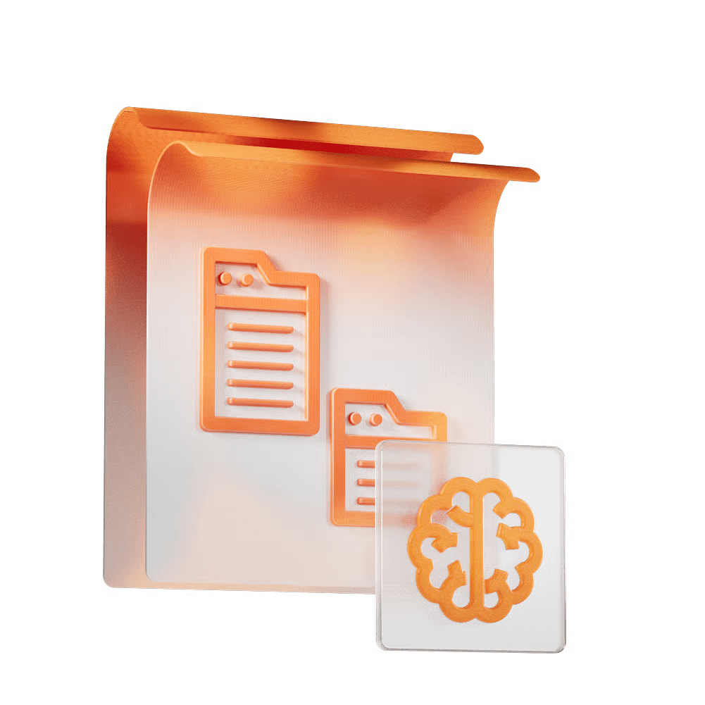 Orange file folder with document icons and a brain symbol, representing AI-driven document management.