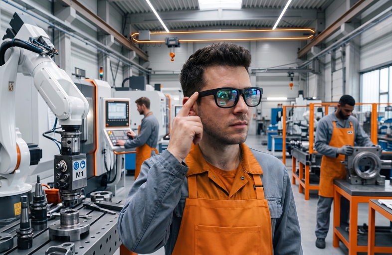 Worker in orange overalls adjusts safety glasses in a high-tech factory with robotic arms nearby.