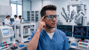 Male clinician wearing smart glasses in a high-tech medical lab with a robotic arm and multiple screens behind him.