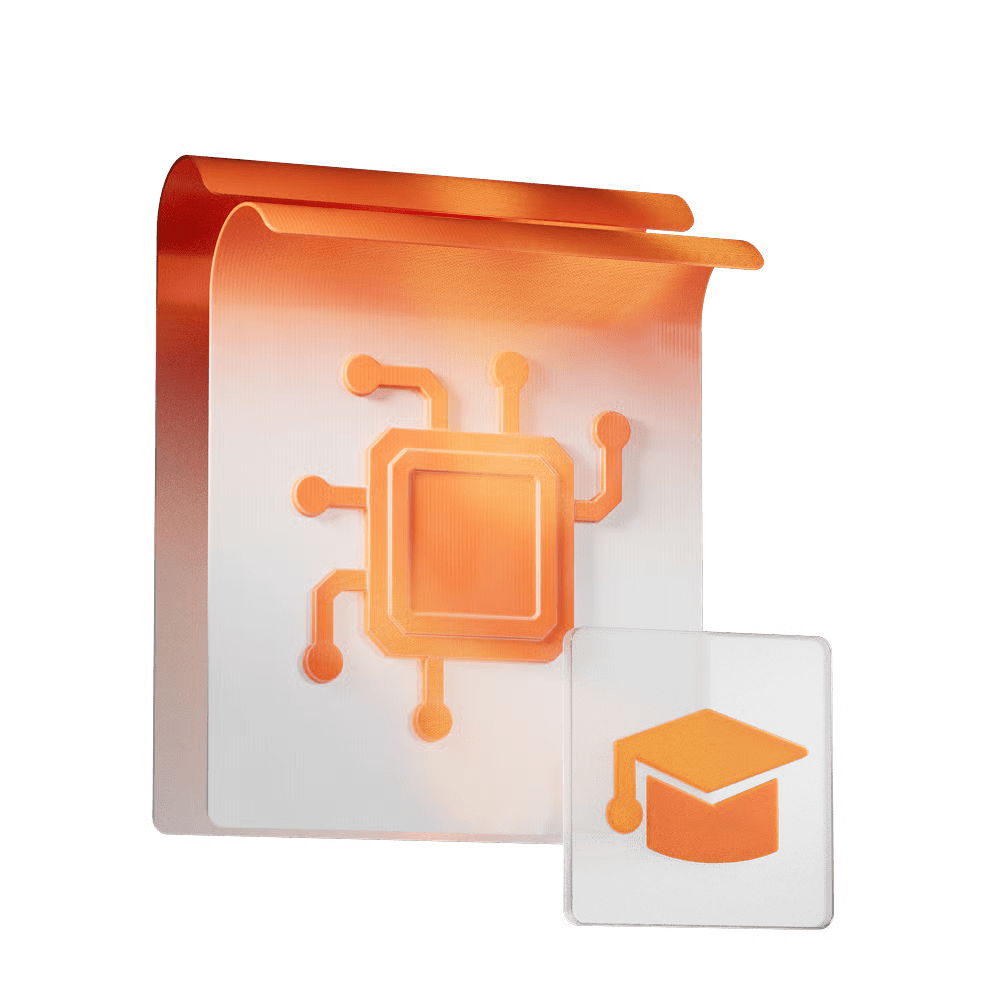 Orange circuit-chip illustration on a rolled parchment-like sheet, with a transparent tile showing a graduation cap icon overlapping it.