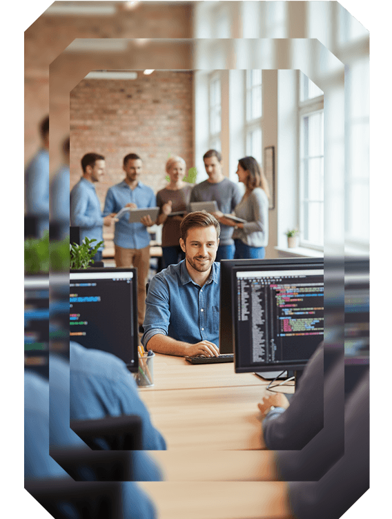 Software developer at a desk coding while colleagues discuss in the background in a bright open office