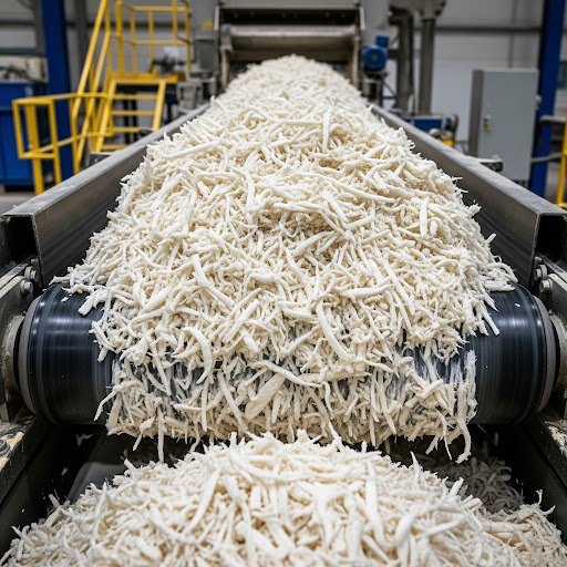 Pile of white shredded snack product on a conveyor belt in an industrial processing line.