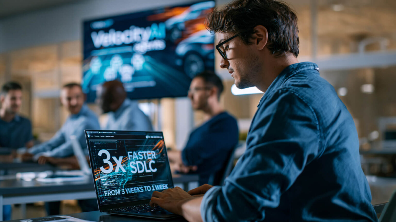 Two engineers reviewing AI-generated user stories and test cases on screen, representing accelerated, quality-controlled software delivery.
