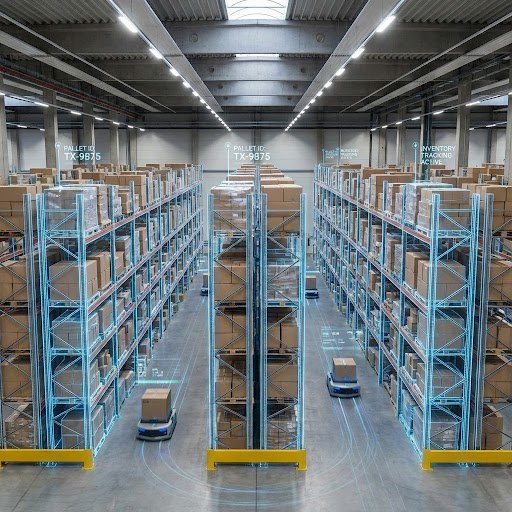 Inside a large warehouse with tall blue metal racks filled with cardboard boxes; two small autonomous pallet movers navigate between the aisles.