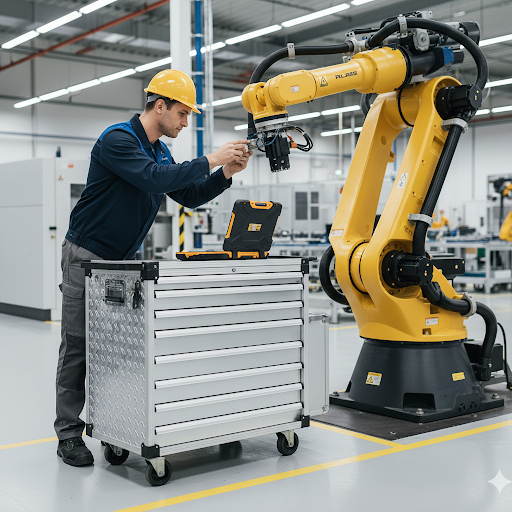 Technician with yellow hard hat servicing a yellow industrial robot arm at a workbench with a silver tool chest nearby in a factory setting.