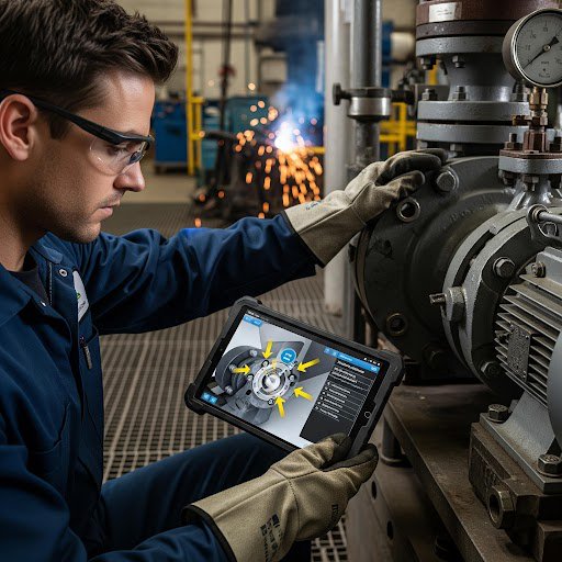 Industrial technician wearing safety glasses inspects a large machine with a tablet showing a diagnostic interface and arrows indicating components.