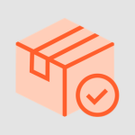 Cardboard box sealed with orange packing tape and a circular checkmark badge indicating delivery confirmed in the corner.