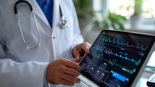 Doctor in a white coat with a stethoscope reviewing a tablet displaying an ECG monitor with heart rhythm tracings.
