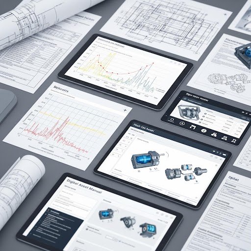 Row of tablets on a desk displaying charts, data graphs, and product schematics alongside rolled blueprints and papers.