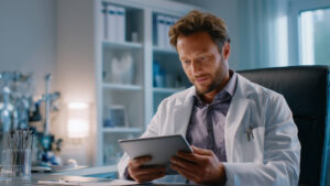 Man in a white lab coat sits at a desk, looking down at a tablet in a laboratory setting on shelves and glassware in the background.