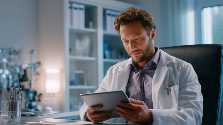 Man in a white lab coat sits at a desk, looking down at a tablet in a laboratory setting on shelves and glassware in the background.