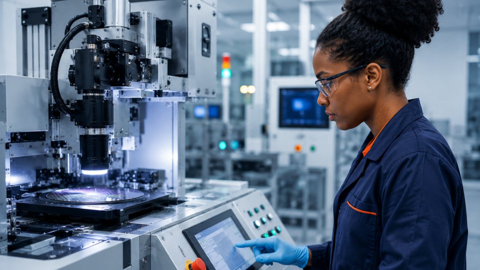 Engineer in a lab coat and safety glasses working with semiconductor manufacturing equipment, adjusting settings on a touchscreen while monitoring a silicon wafer under inspection in a modern cleanroom environment.