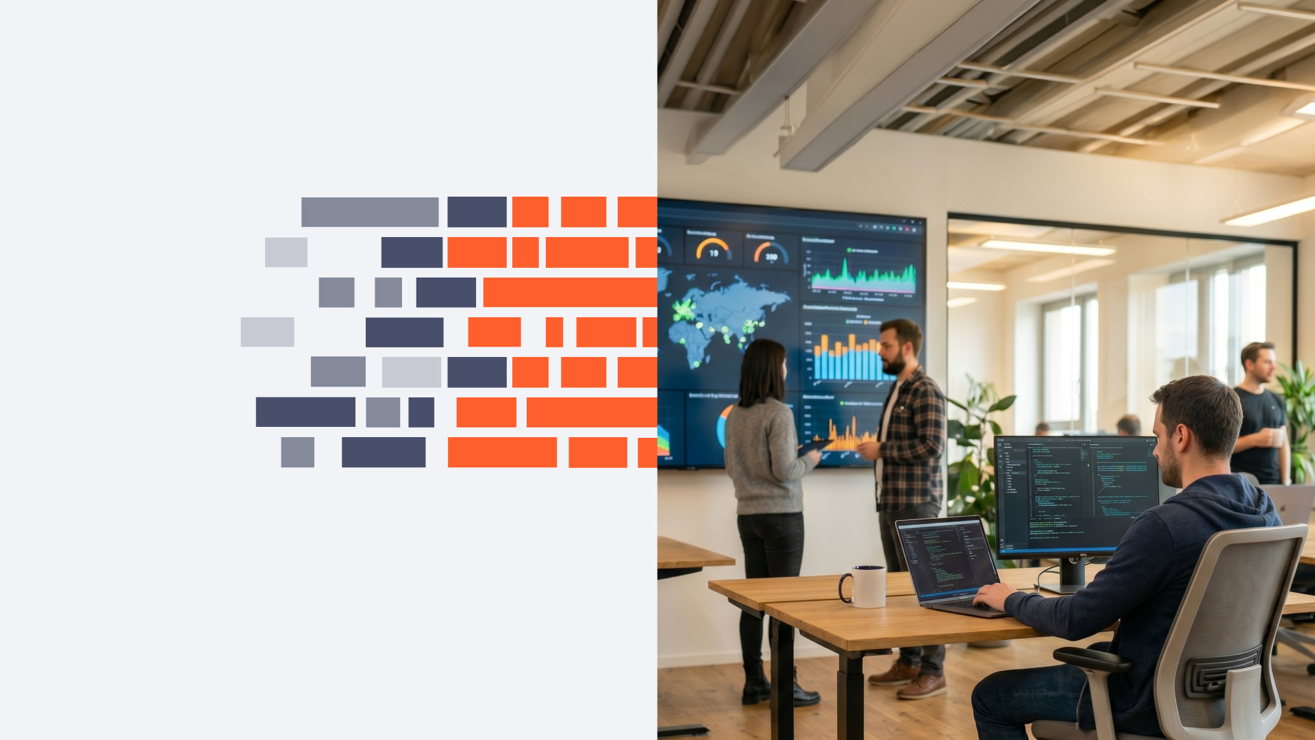 Two people discuss data dashboards on a wall-sized screen in a bright open-plan office environment, with laptops at desks nearby.