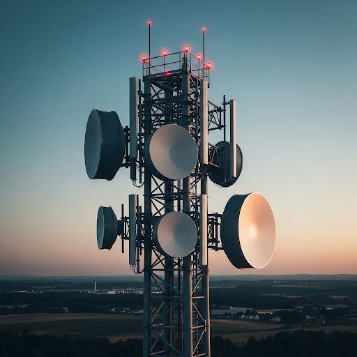 Telecommunications tower with multiple dish antennas and red warning lights at sunset over a rural landscape.