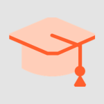 Orange mortarboard graduation cap icon with tassel on a light gray background, representing education.