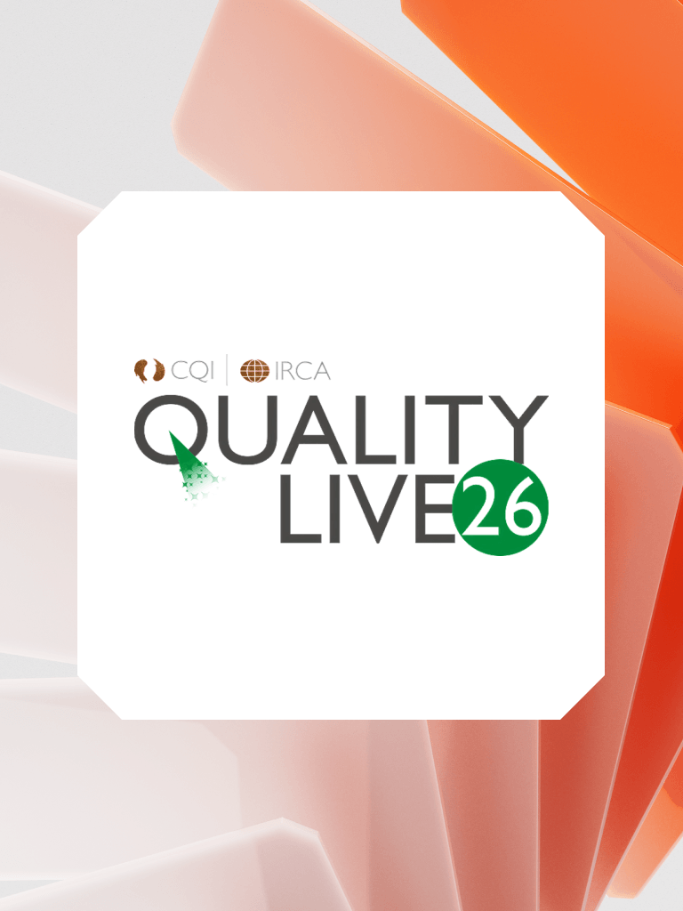 Web-Desktop - GlobalLogic Logo for 'Quality Live 26' by CQI IRCA on a white card with an orange geometric background behind it.