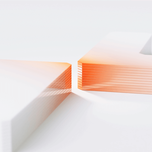Abstract close-up of two stacks of white paper with orange-edged sheets on a white surface.
